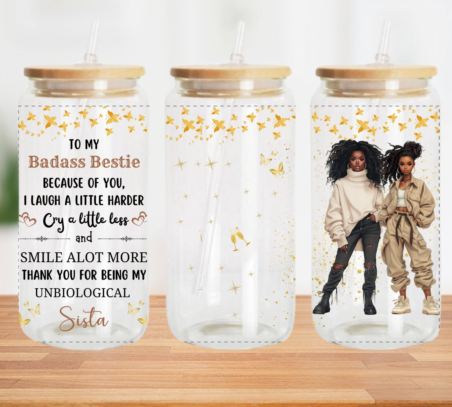 Badass Besties Gold Sparkles - Copa de vidrio CLARO