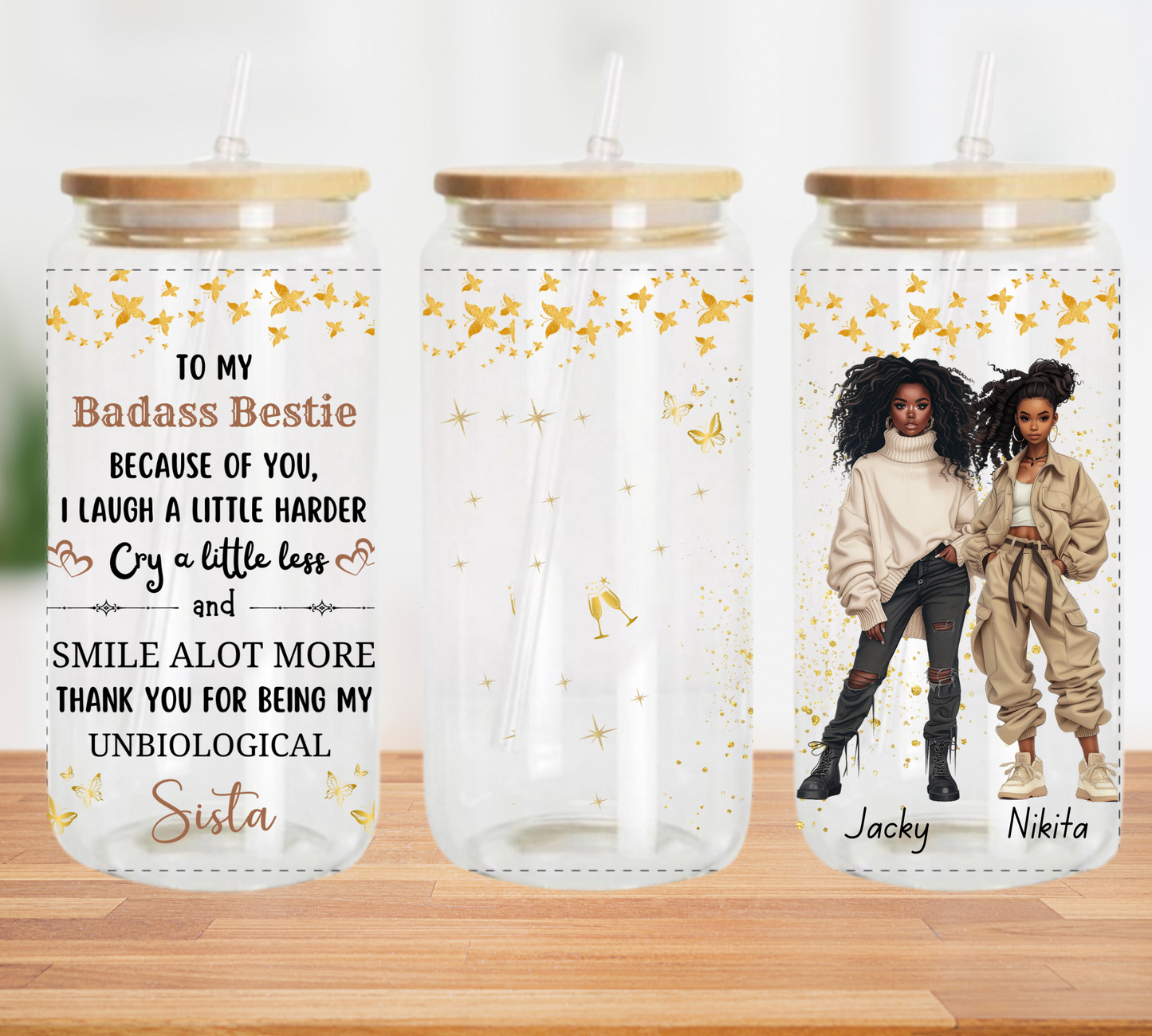 Badass Besties Brown Sparkles - CLEAR Glass Cup