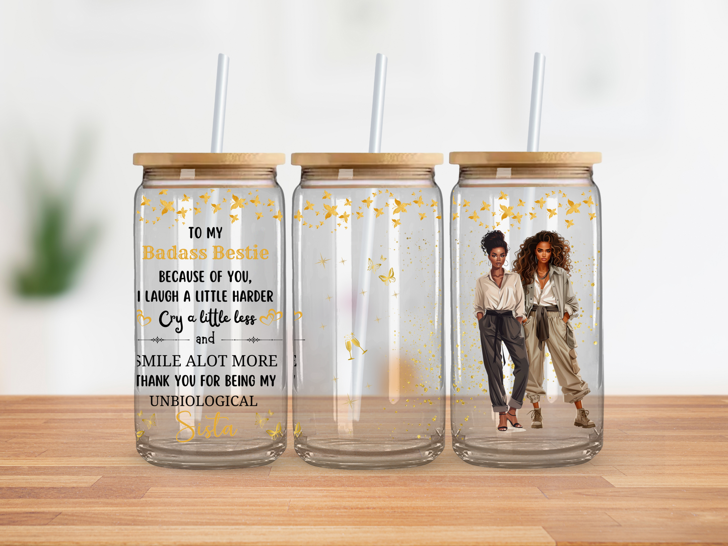 Badass Besties Gold Sparkles - Copa de vidrio CLARO