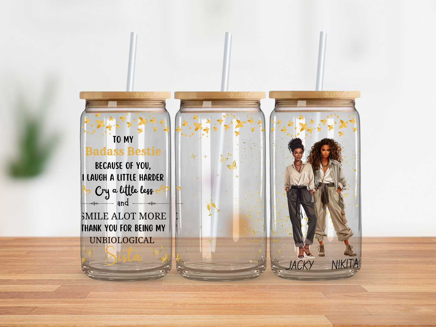 Badass Besties Gold Sparkles - Copa de vidrio CLARO