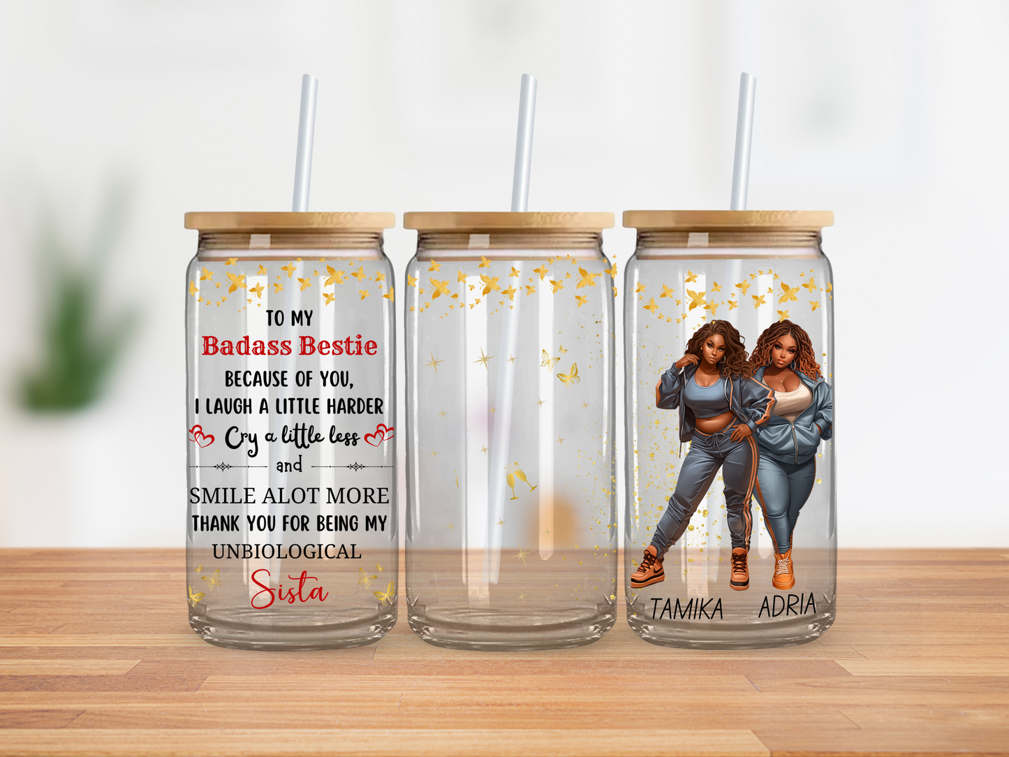 Badass Besties Red Sparkles - Copa de vidrio CLARO