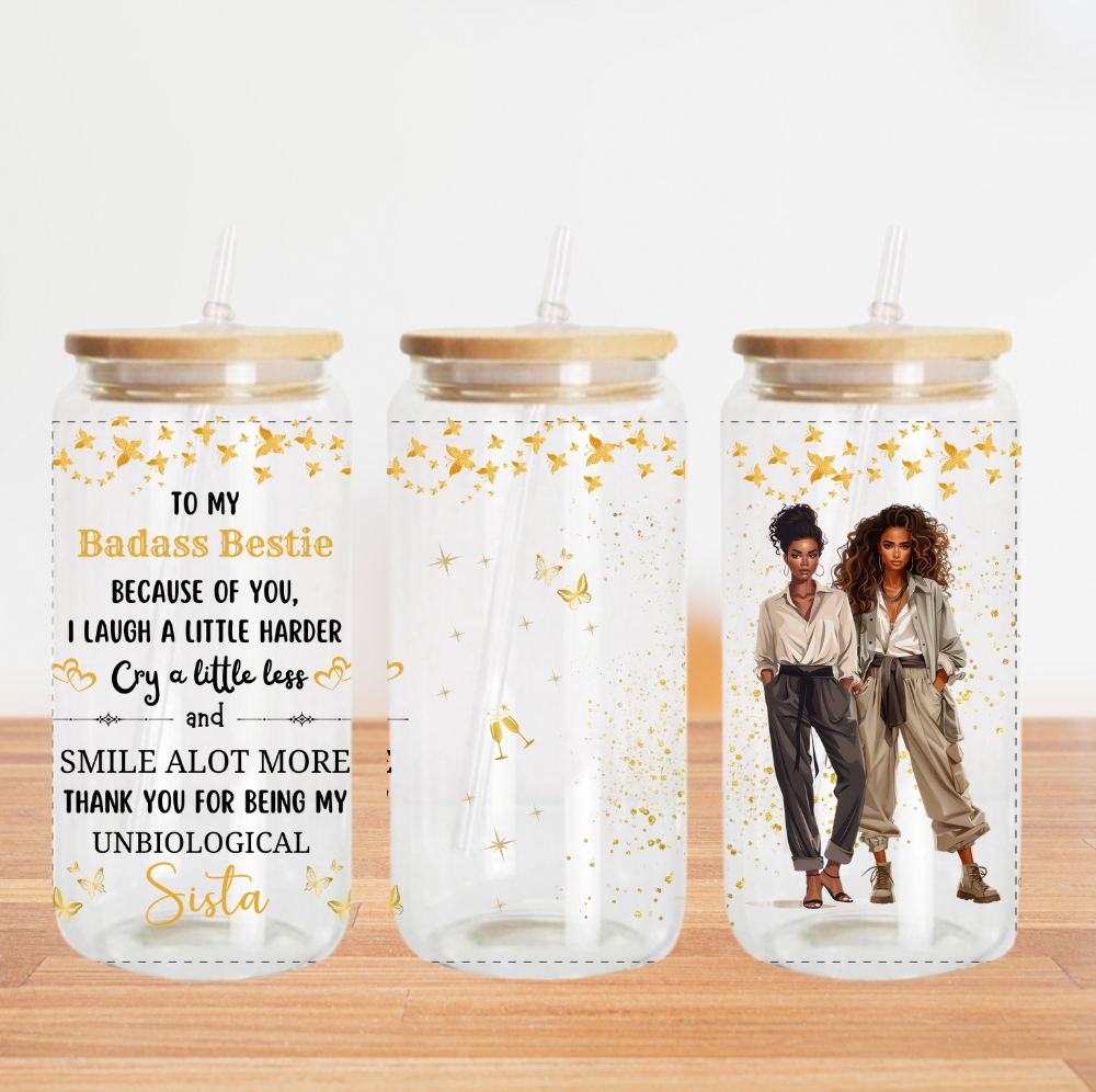 Badass Besties Gold Sparkles - Copa de vidrio CLARO