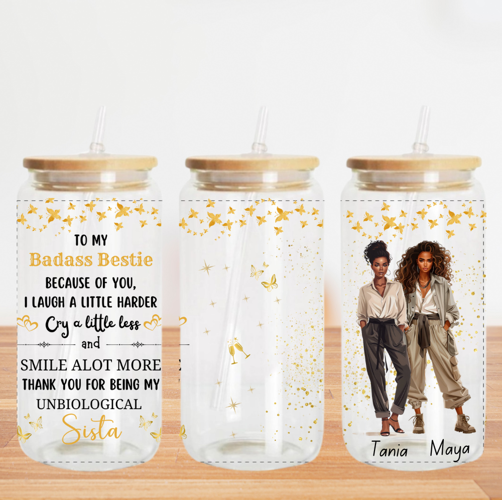 Badass Besties Gold Sparkles - Copa de vidrio CLARO