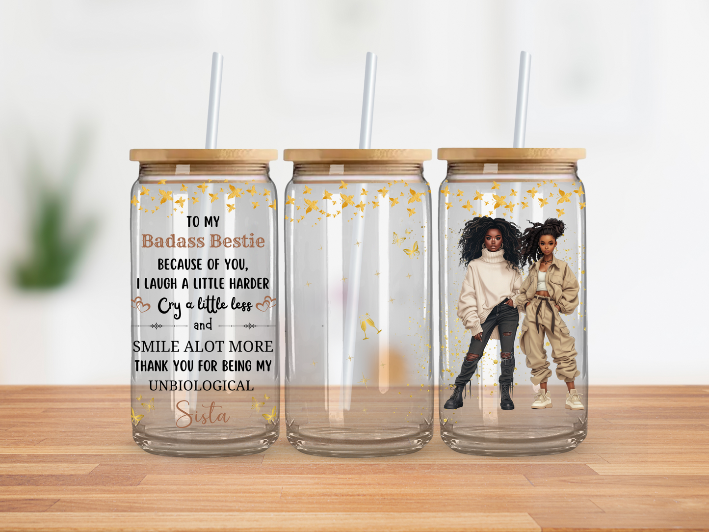 Badass Besties Gold Sparkles - Copa de vidrio CLARO