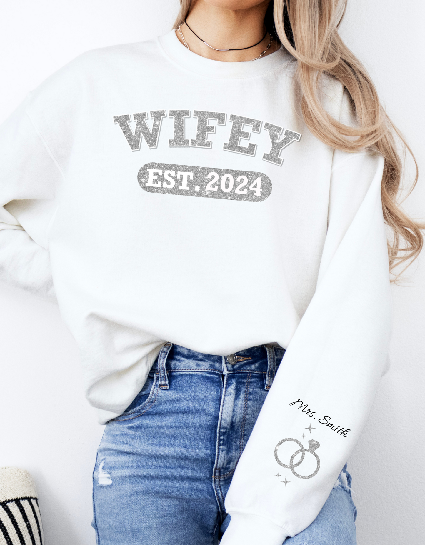 Personalized Wifey Crewneck Sweatshirt Silver