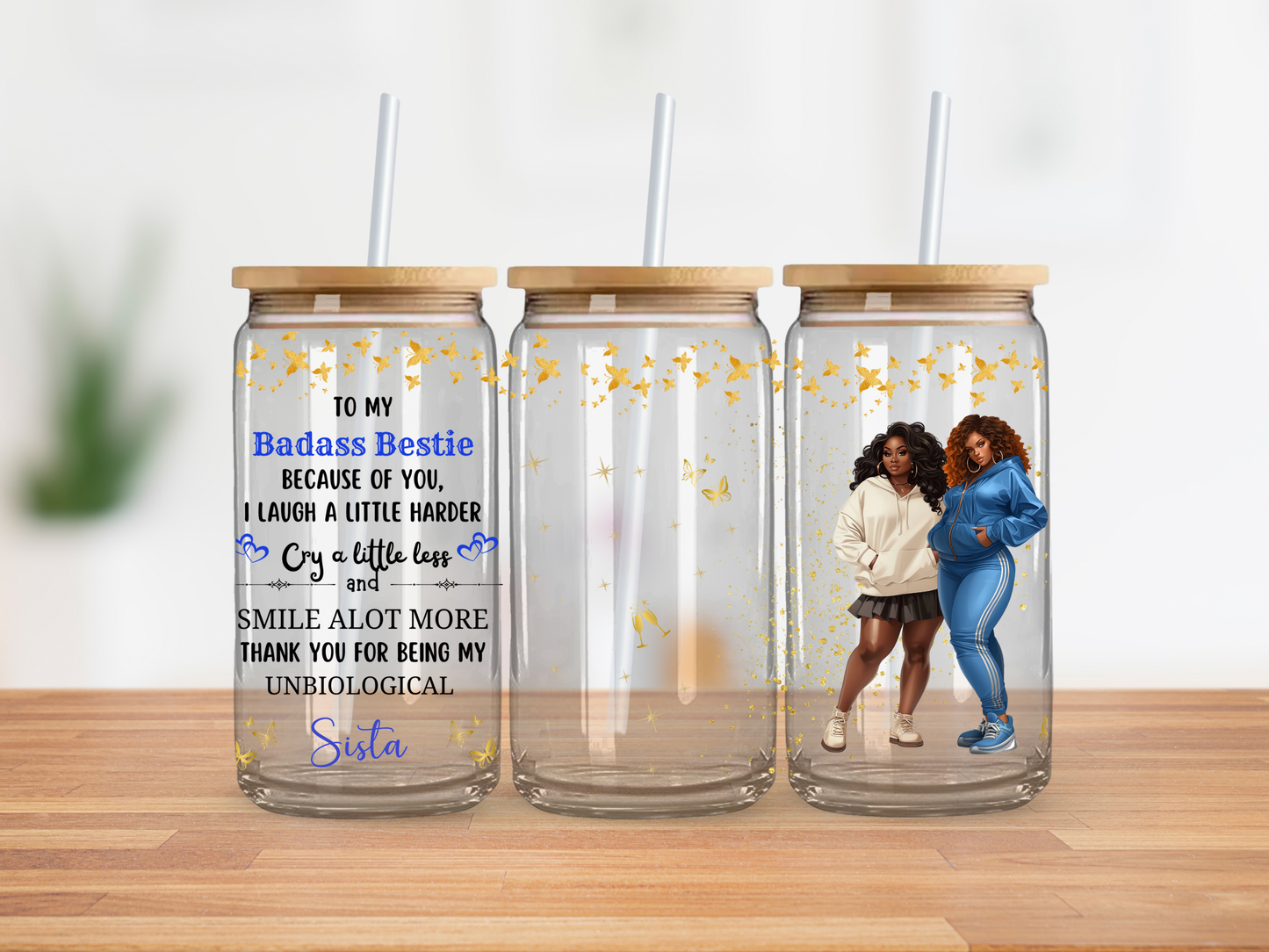 Badass Besties Blue Sparkles - CLEAR Glass Cup