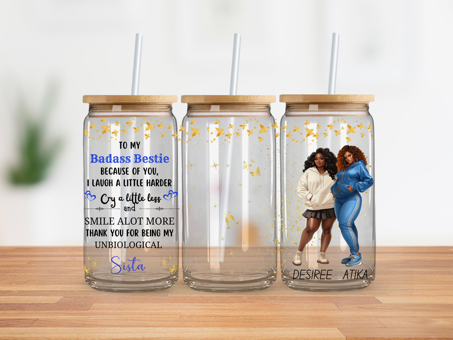 Badass Besties Blue Sparkles - CLEAR Glass Cup