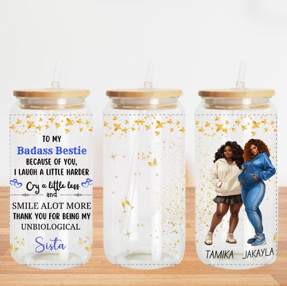 Badass Besties Blue Sparkles - CLEAR Glass Cup