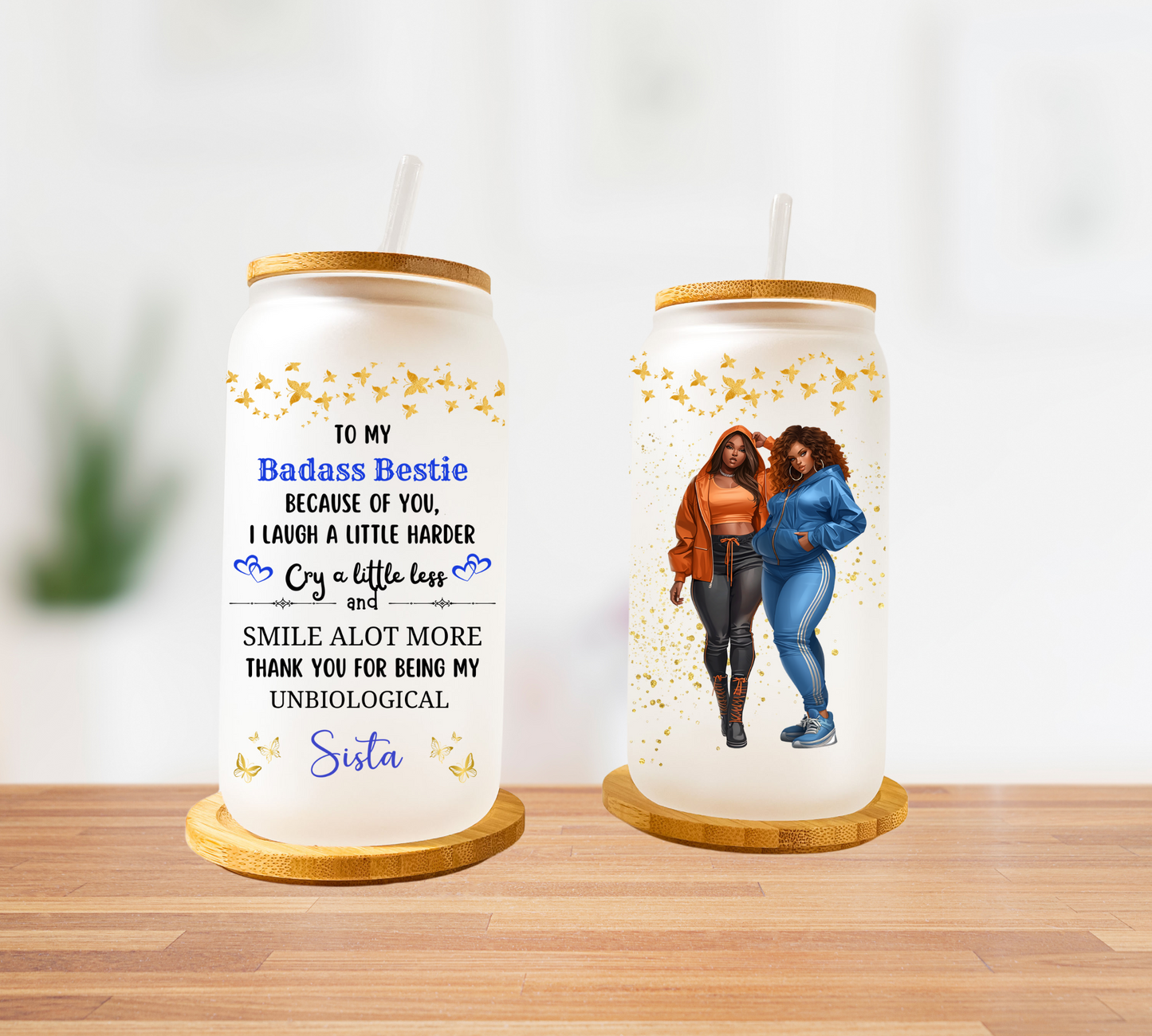 Badass Besties Blue Sparkles - FROSTED Glass Cup