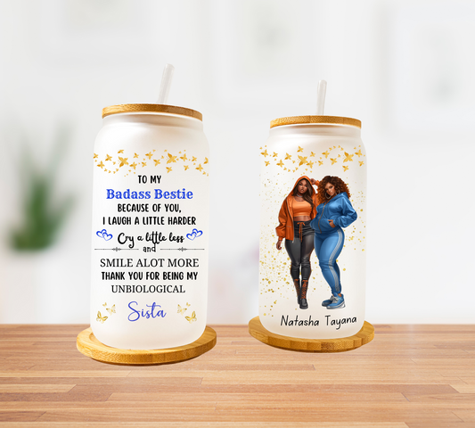 Badass Besties Blue Sparkles - FROSTED Glass Cup