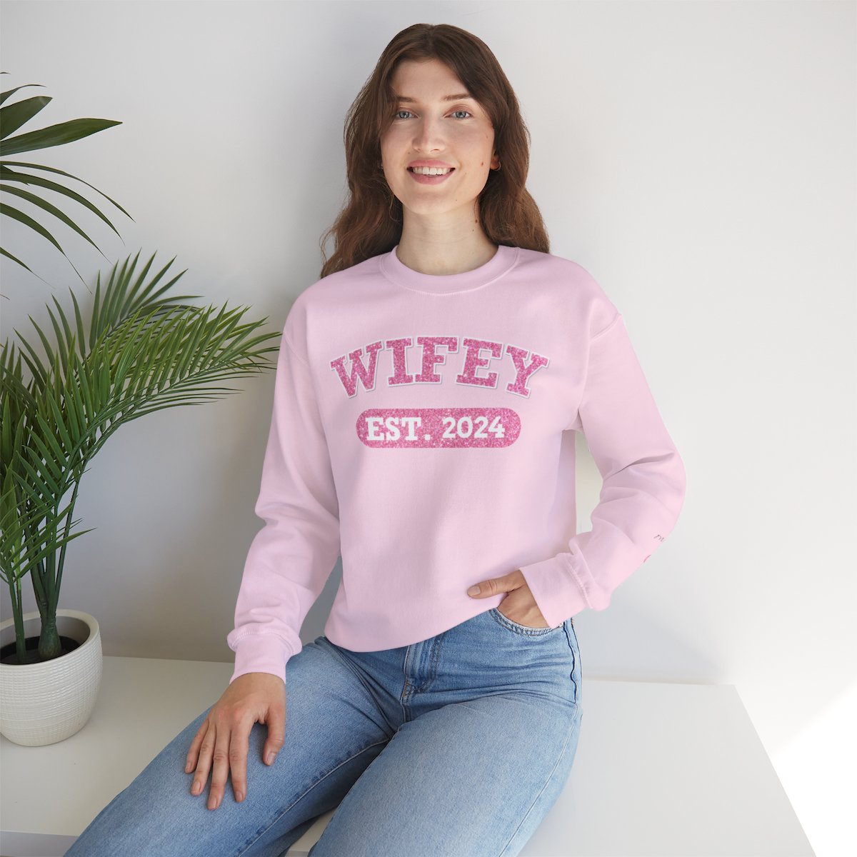 Personalized Wifey Crewneck Sweatshirt Pink