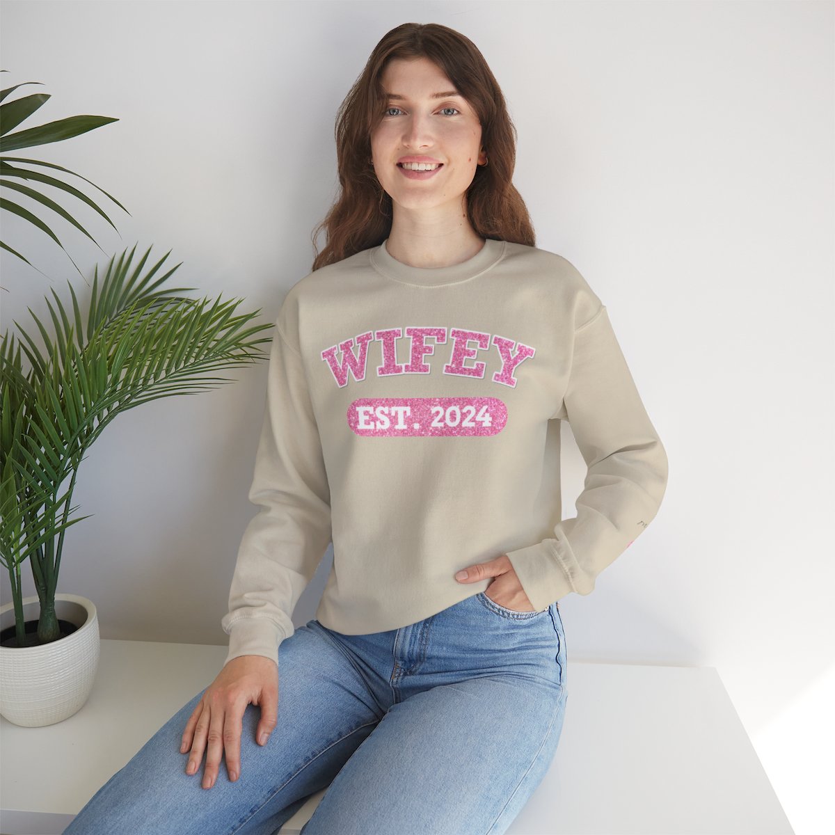 Personalized Wifey Crewneck Sweatshirt Pink