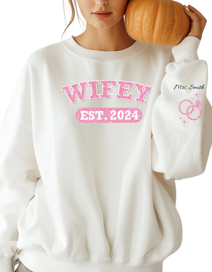 Personalized Wifey Crewneck Sweatshirt Pink